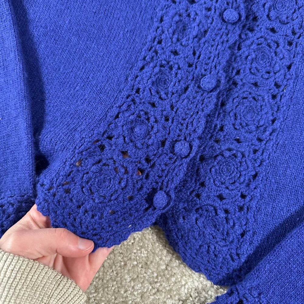 OBR Royal Blue Lambswool Angora Crochet Lace Trim Cardigan Sweater L Cottagecore - Picture 7 of 8
